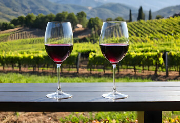 Obraz premium Two glasses of red wine on table with vineyard background