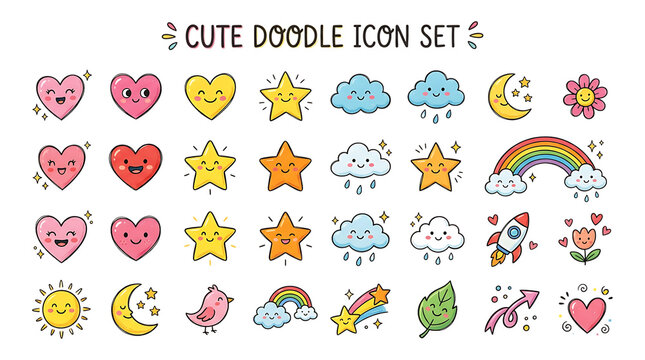 Cute Doodle Icon Set, Kawaii Hand Drawn Heart Star Cloud Rainbow and Sun Vector Elements