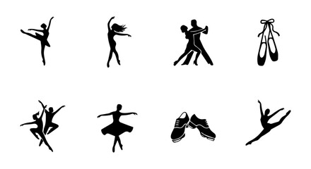 Ballet Dancer Silhouettes, Ballroom Couple, Dance Shoes Vector Icons Set © Dolon