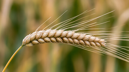 Fototapeta premium Golden grain spikelet shimmer in natural light, a bountiful harvest promise in a vibrant wheat field with soft, blurred background details