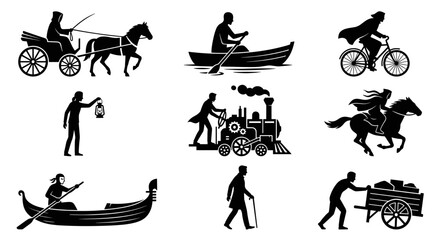 Historical transportation and Victorian figure silhouette icons. © Supriyadi