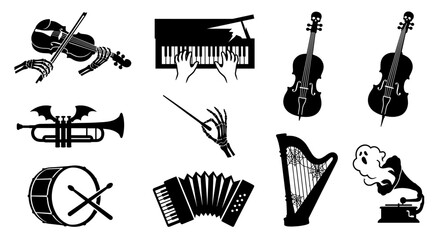 Musical instruments and ghost conductor silhouette set. © Supriyadi