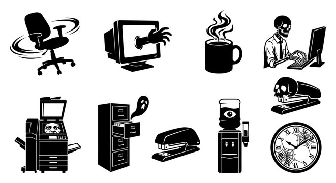 Haunted office and workplace equipment silhouettes.