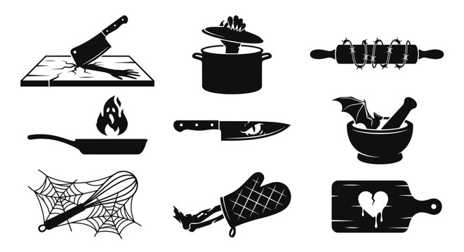 Horror kitchen utensil and cooking silhouette set.