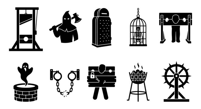 Medieval torture devices and executioner silhouette set.