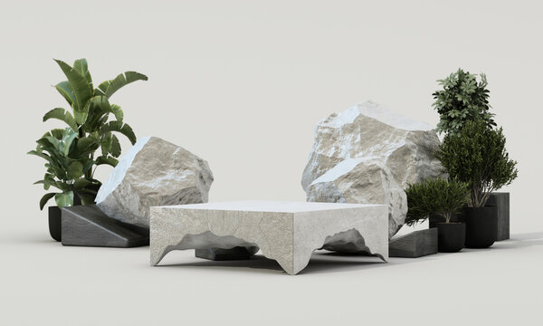 Elegant white product podium with natural stone rocks lush botanical plants and black geometric stands on a neutral background. 3d rendering.