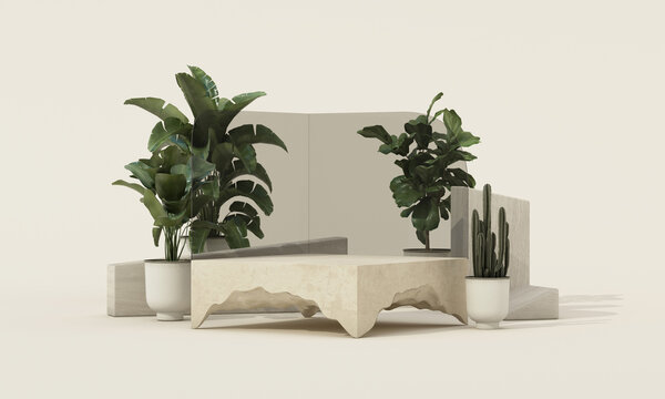 Luxury cosmetic product podium with tropical plants cactus and travertine architectural forms on a beige background. 3d rendering.