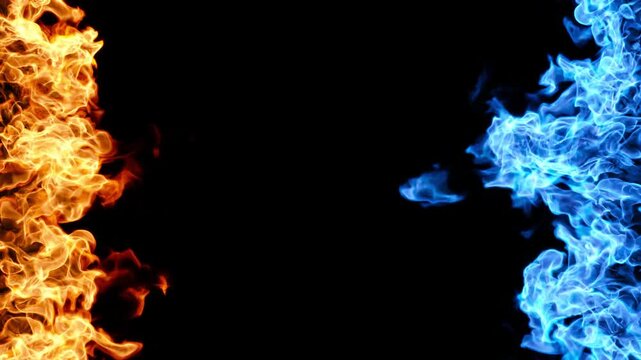Orange and blue flames of fire border edge