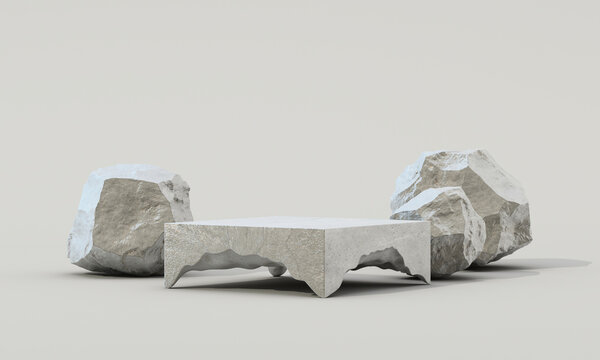 Minimal luxury product podium with textured stone platform and large natural rocks on a soft neutral background. 3d rendering.