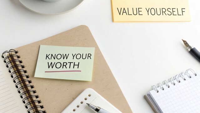 Inspirational desk arrangement with motivational quotes on sticky notes promoting self-worth and personal value in workspace
