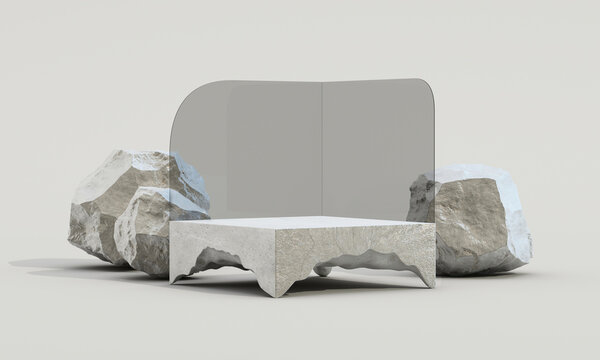 Luxury cosmetic product podium with textured stone platform, natural rocks, and translucent curved panels on a soft neutral background. 3d rendering.