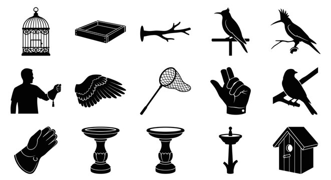 Birdwatching and garden aviary silhouette icon collection.