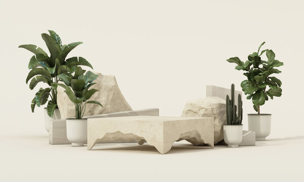 Natural beauty product display podium with tropical plants large stone rocks and travertine blocks on a beige background. 3d rendering.