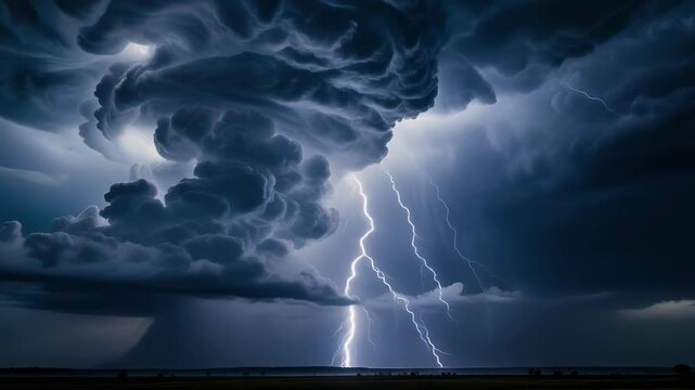 Dramatic Thunderstorm Unleashes Dark Clouds and Intense Lightning, Showcasing Natures Fierce Weather Phenomenon