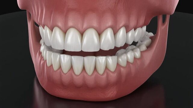 3D Anatomical Animation of Human Jaw Bone and Teeth Moving to Show Mastication and Chewing Process Isolated on Dark Background