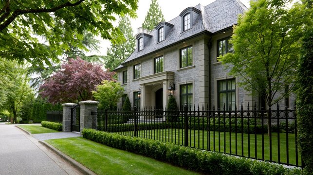 Elegant luxury stone mansion with wrought iron fence manicured lawn green landscaping and classic dormer windows in upscale suburban neighborhood