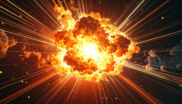 Intense bright orange explosion with light streaks against dark background