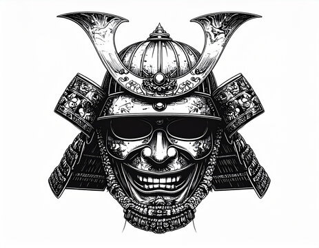 Japanese Samurai Helmet and Mask Illustration