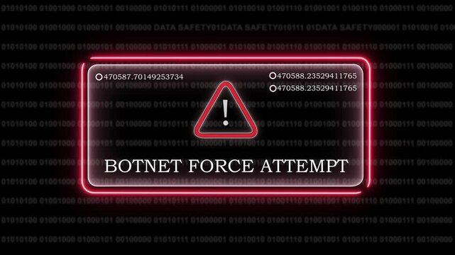 Cybersecurity warning interface displaying botnet force attempt alert with red neon glowing frame and binary code background, for digital data, protection and network, security monitoring system