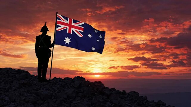 Australian soldier holding national flag at sunset on mountain peak, patriotic military tribute, anzac day commemoration, symbolic heroic silhouette