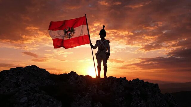 Silhouette of a napoleonic era soldier holding an austrian flag on a rocky mountain peak at sunset historical reenactment and patriotism