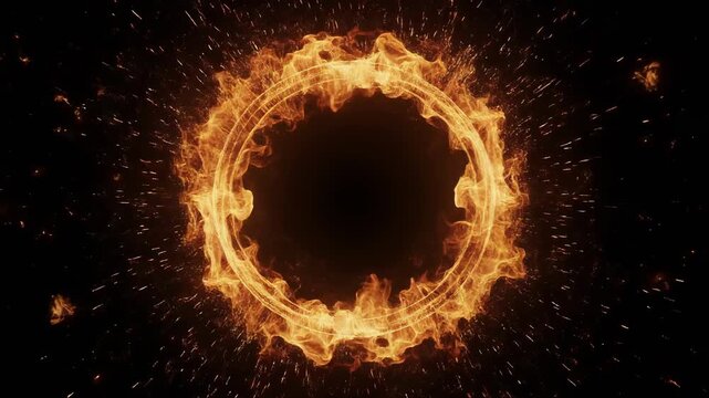 Fiery ring bursts to life, flames dancing and sparks flying against dark background, creating mesmerizing visual effect
