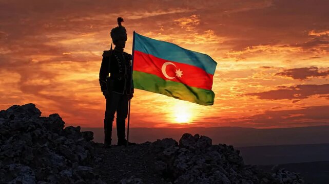 Azerbaijani soldier holding national flag at sunset on mountain peak patriotic concept, military honor and national pride cinematic scene