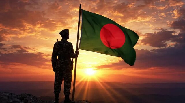 Soldier holding bangladesh flag on mountain peak at sunset, patriotic military concept, national pride and victory cinematic background