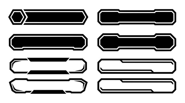 Black and white horizontal stream UI elements with geometric angular edges. Includes futuristic lower thirds, progress bars, and menu banner frames