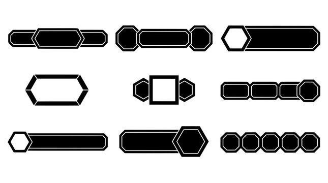 Black and white lower third stream overlay assets featuring truncated octahedron shapes. Includes futuristic nameplates, status bars, and UI frames