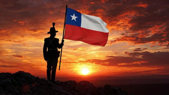 Silhouette of a chilean soldier holding the national flag at sunset, patriotic historical commemoration, dramatic sky background