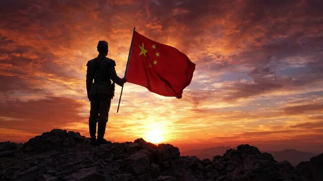 Soldier holding chinese flag at sunset on mountain peak, patriotic concept, national pride and victory cinematic background