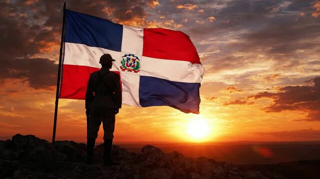 Dominican republic flag waving behind soldier silhouette at sunset, patriotic military tribute, national pride and independence concept