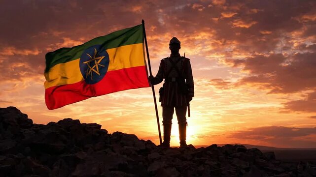 Ethiopian soldier holding national flag at sunset, patriotic military silhouette on rocky terrain, symbol of pride, honor, and sovereignty
