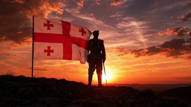 Soldier standing with waving georgia flag at sunset, patriotic military silhouette on mountain peak, national pride and independence concept