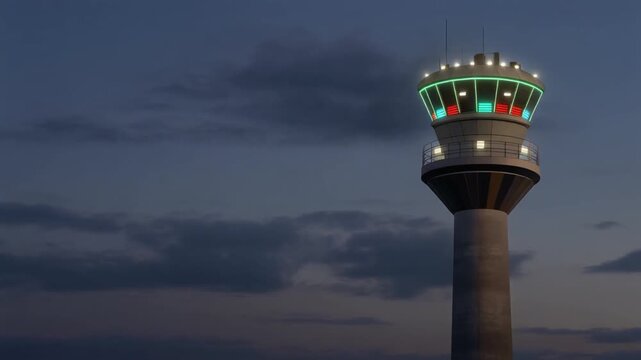 Modern Airport Control Tower at Night with Glowing Green Radar Lights and Dramatic Moving Clouds in the Dark Sky