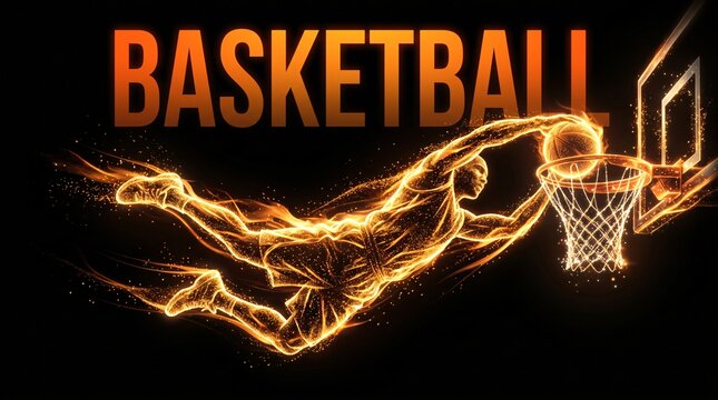 Fiery basketball player dunking illustration with flames and glowing particles basketball abstract illustration competition intensity professional championship creative background