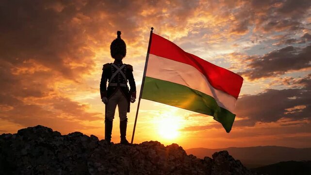 Hungarian soldier in historical uniform holding national flag at sunset on mountain peak, patriotic symbolism and cinematic landscape