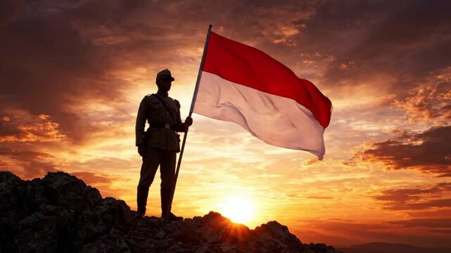 Indonesian soldier holding national flag at sunset on mountain peak, patriotic military concept, heroic silhouette against dramatic golden sky