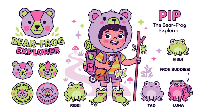 Bear frog explorer character and sticker sheet.