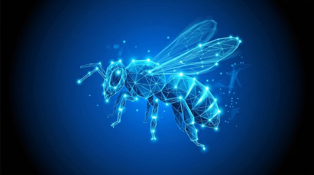 Flying bee illustration created with glowing blue digital network nodes technology abstract connection structure geometric particle background pollinator honeybee wildlife movement
