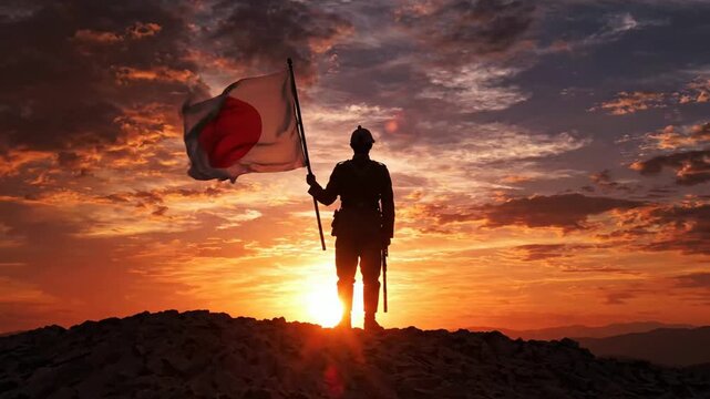 Soldier standing on mountain peak holding japan flag at sunset, silhouette of military hero with rising sun background, patriotic concept