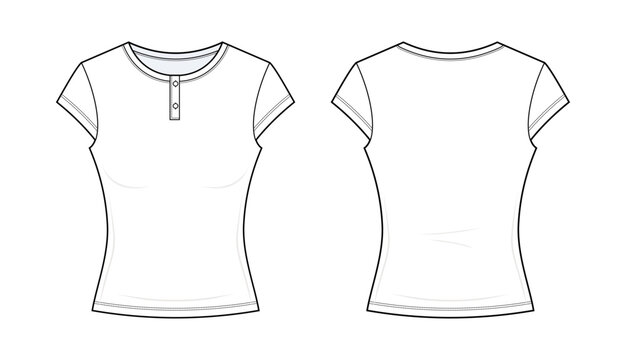 Women's Henley Cap Sleeve Baby Tee Technical Fashion Flat Sketch CAD Vector Template. Front and Back View Blank T-Shirt Mockup Design with Button Placket.