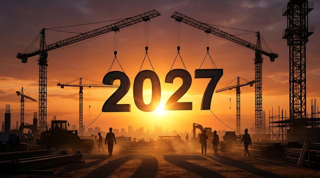 Construction cranes build year 2027 as future new year begins with city skyline at sunset new project development construction site workers silhouette.