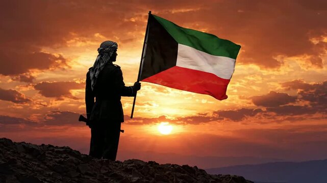 Kuwaiti soldier holding national flag at sunset, silhouette of military personnel standing on rocky hill, patriotic concept for middle east defense