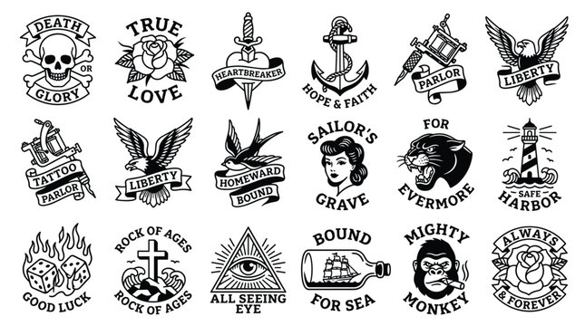 Black and white traditional tattoo flash icon collection set.