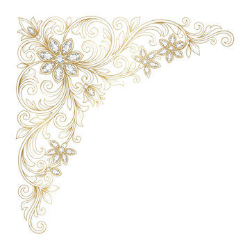 Delicate Gold Line Art Floral Corner with Diamond Elements