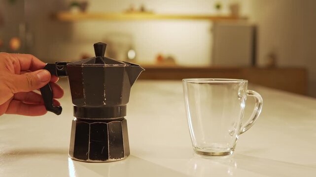 Hand pouring hot italian moka coffee