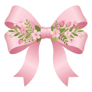 Satin Pink Ribbon Bow Decorated with Delicate Pink Flowers