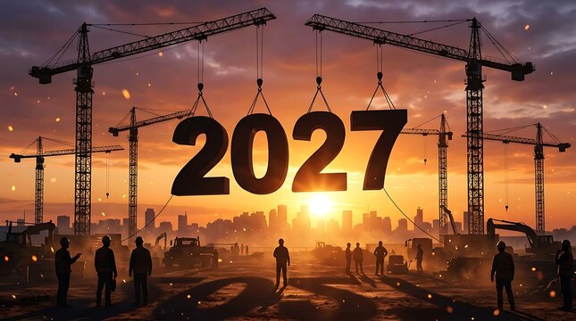 Construction cranes build year 2027 as future new year begins with city skyline at sunset new project development construction site workers silhouette.